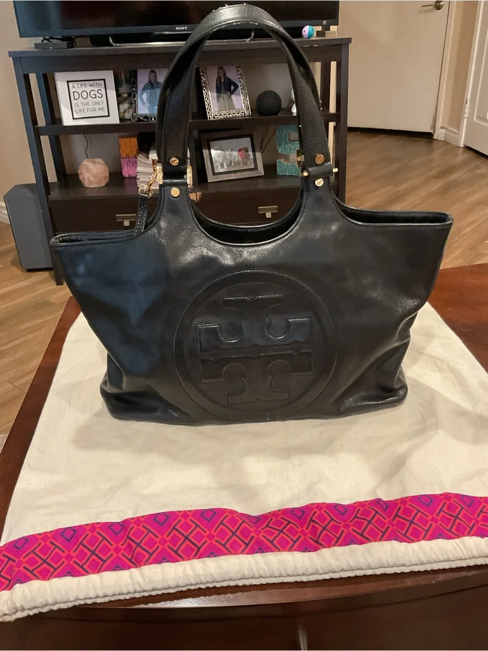 Tory Burch Black Leather Logo Tote
